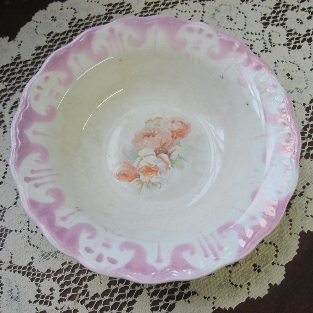 Antique Rose Cottage Bowl Lavender Pink Shabby 9"
